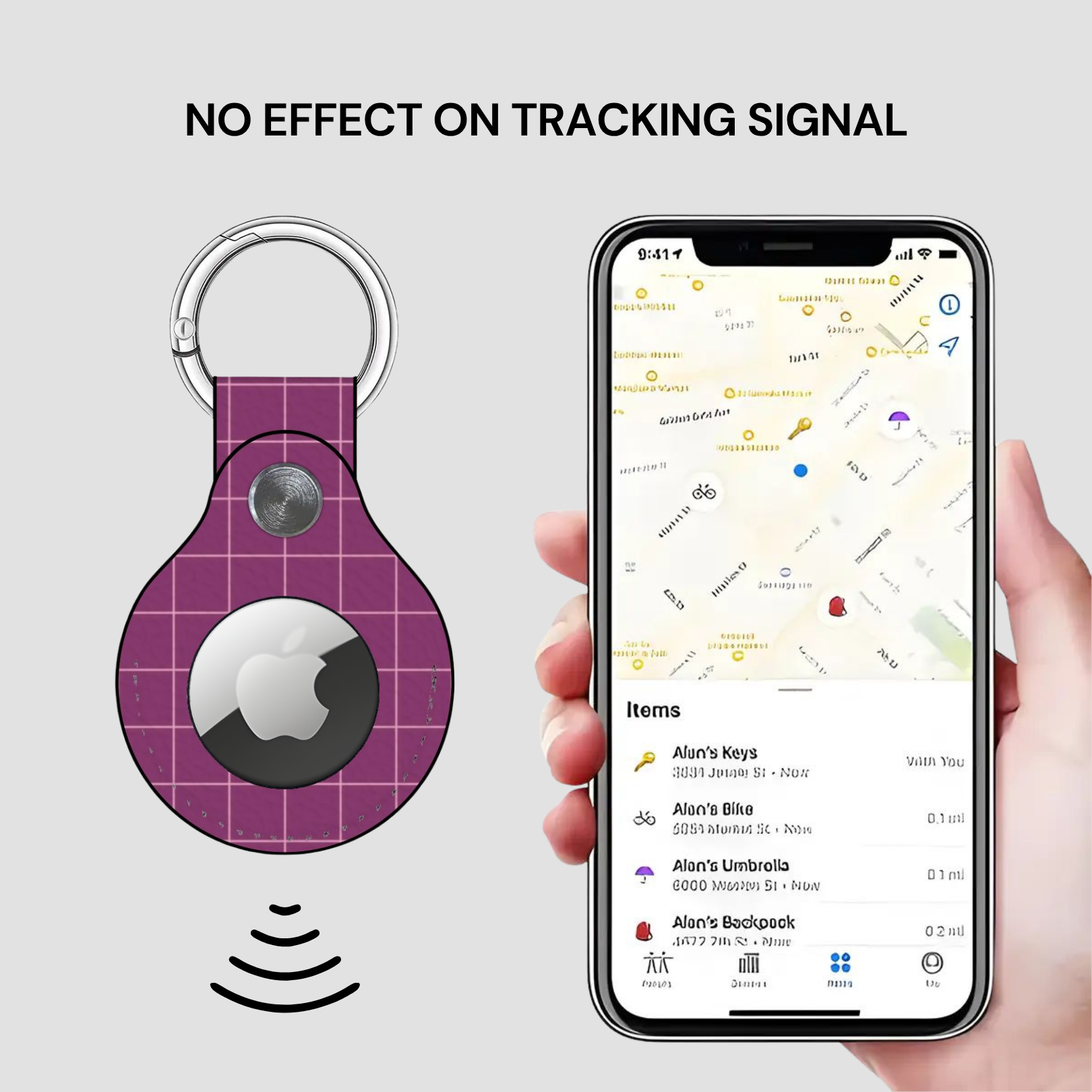 Purple Apple AirTag keychain with a phone displaying location tracking app on a light gray background