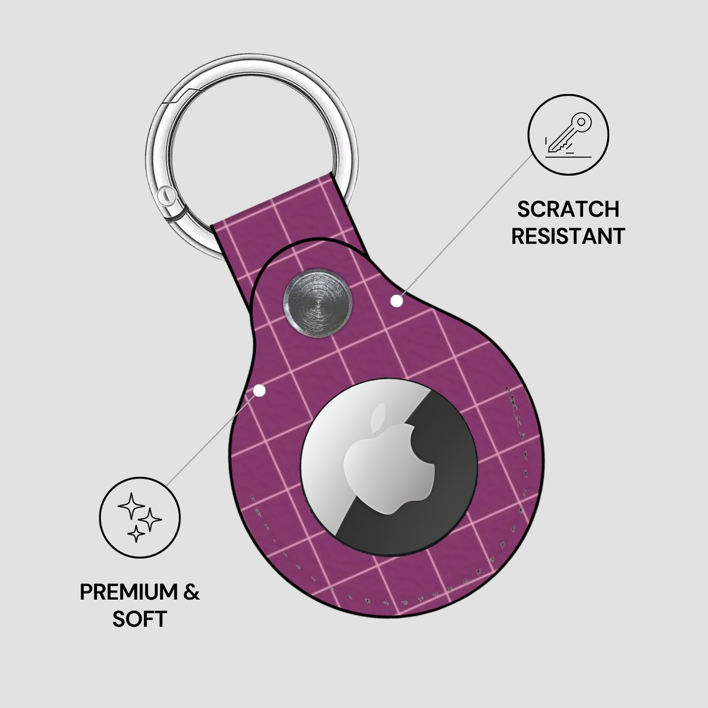 Purple keychain with a brand logo on a gray background