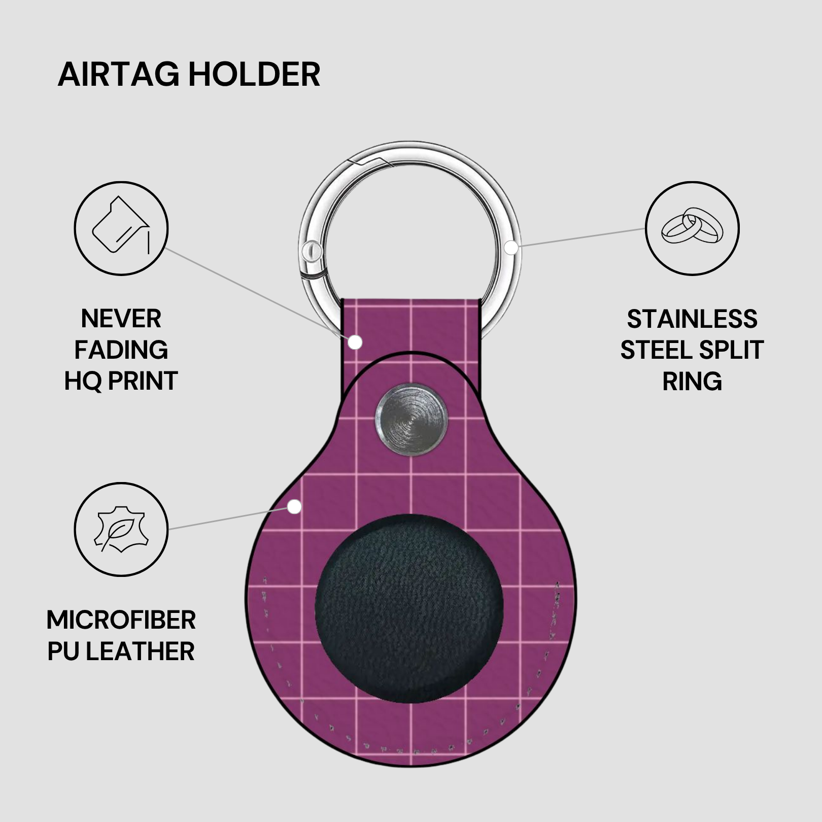 Purple Airtag holder with features listed on a gray background