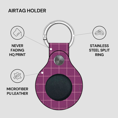 Purple Airtag holder with features listed on a gray background