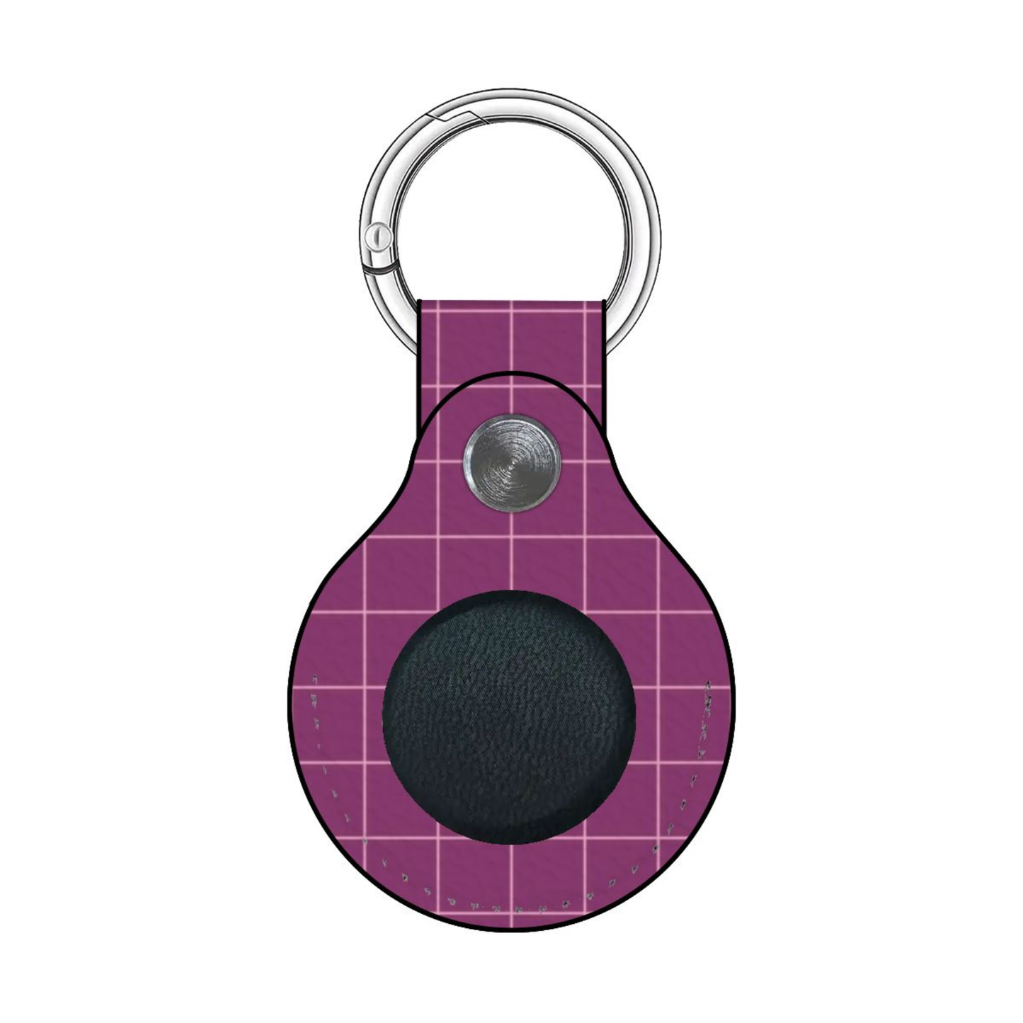 Purple grid-patterned keychain with a black circle and silver ring on a white background