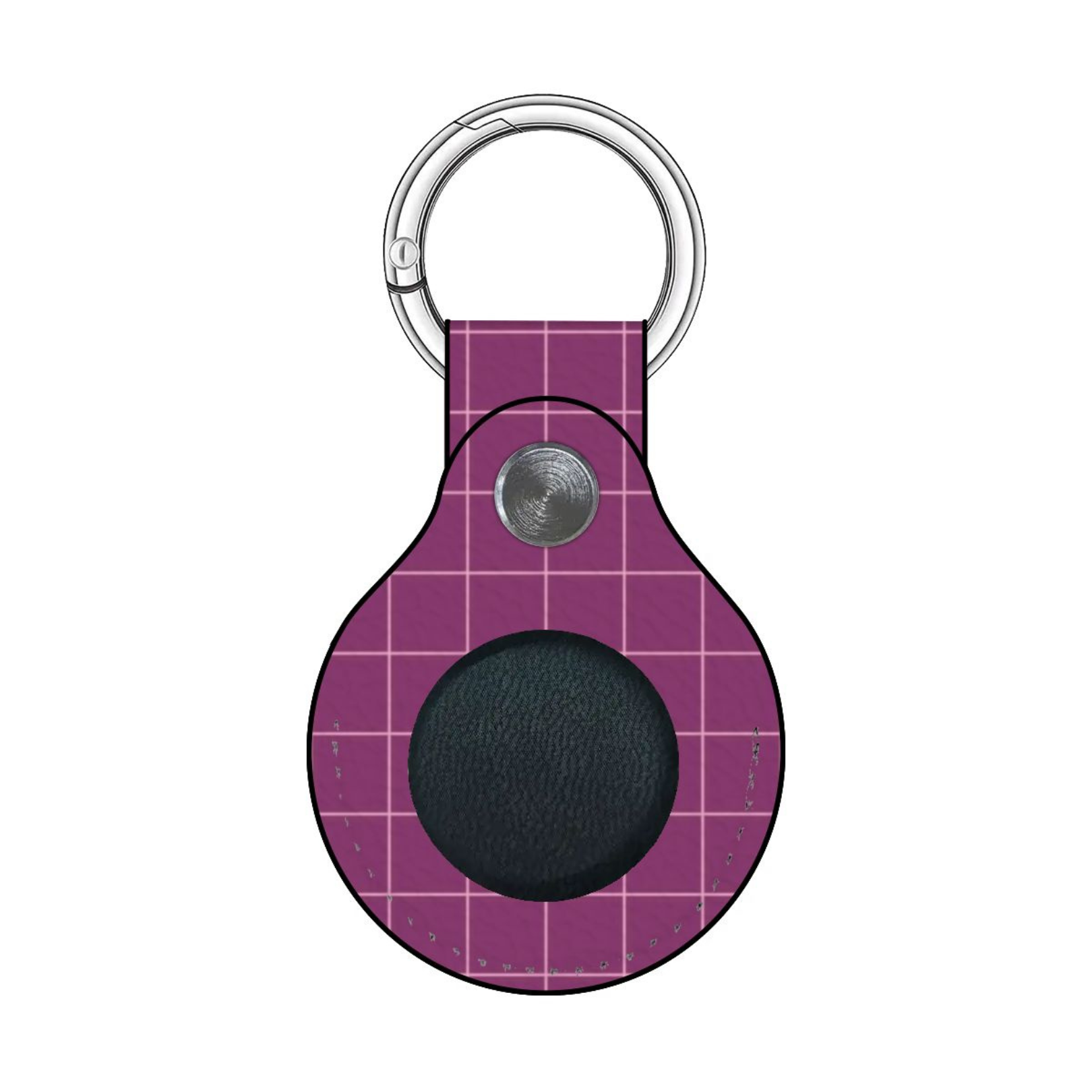 Purple grid-patterned keychain with a black circle and silver ring on a white background