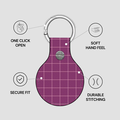 Purple keychain with features listed on a gray background