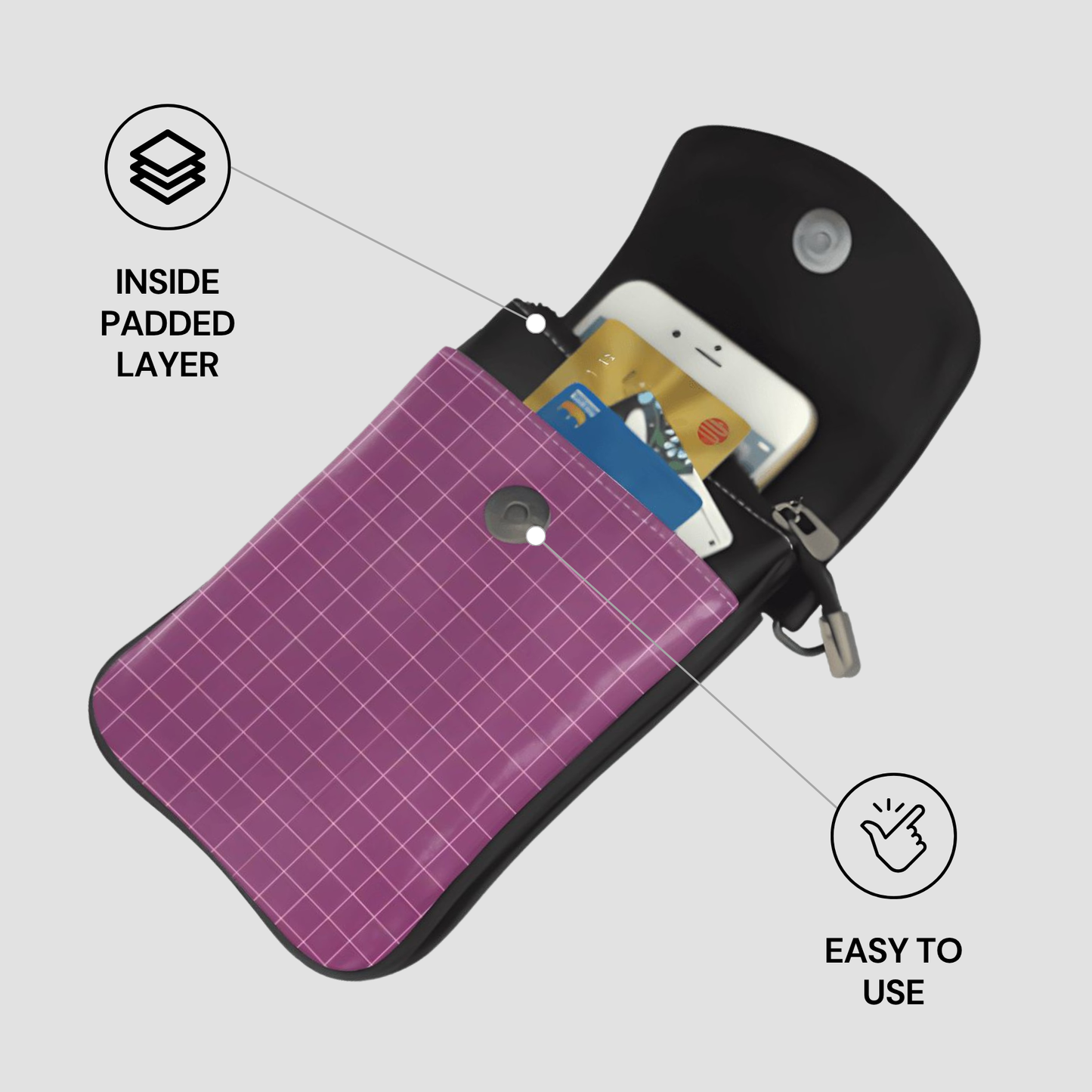 Black pouch with purple grid patterned interior, containing a phone and cards, on a light gray background.