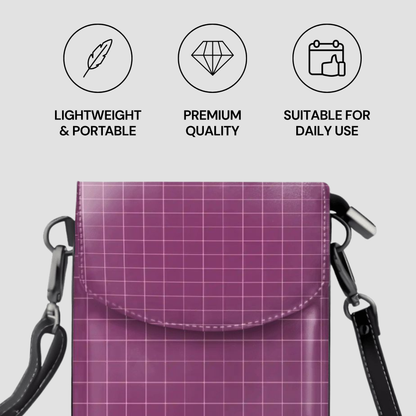 Purple grid-patterned bag with icons and text on a light gray background
