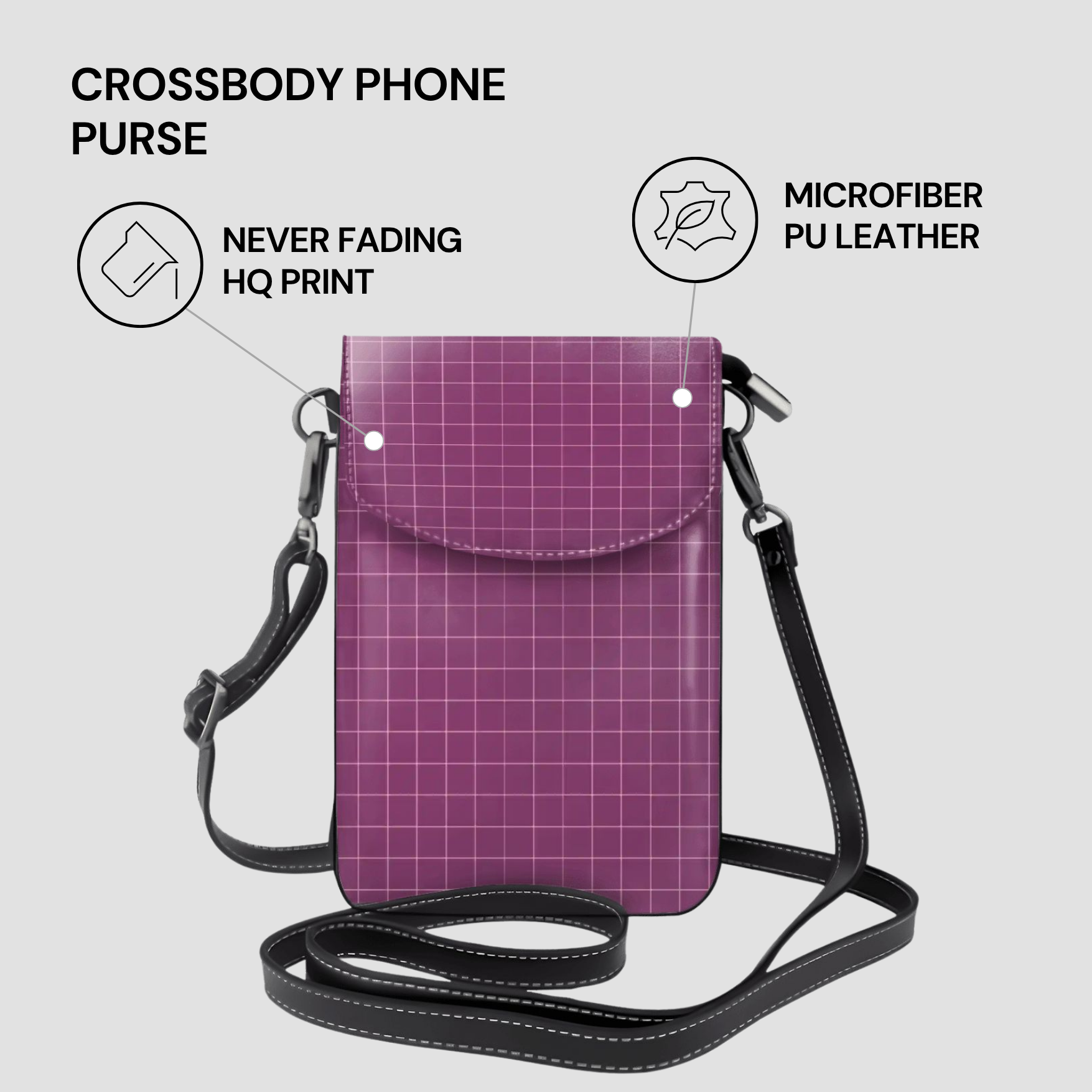 Purple crossbody phone purse with grid pattern on a light gray background