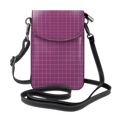 Purple grid-patterned crossbody bag with a black strap on a white background