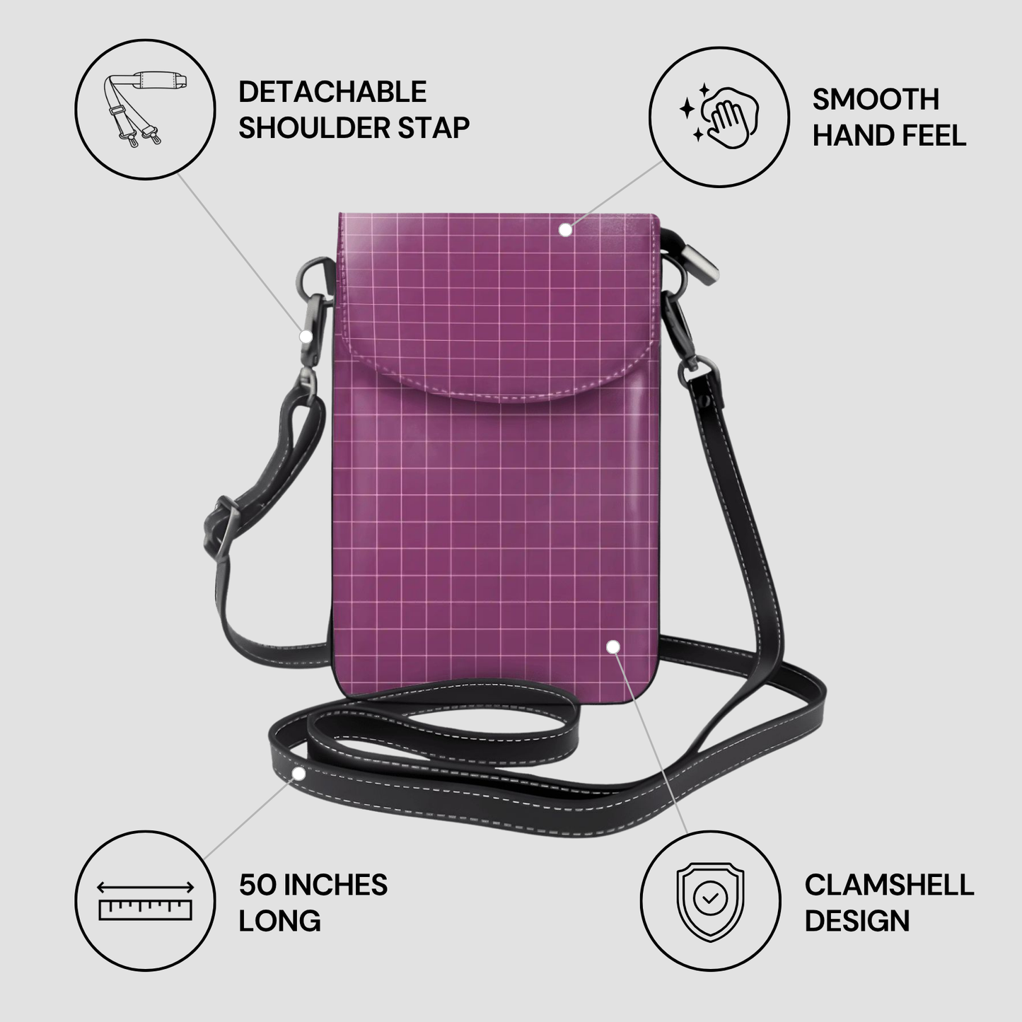 Purple grid-patterned crossbody bag with features highlighted on a light gray background