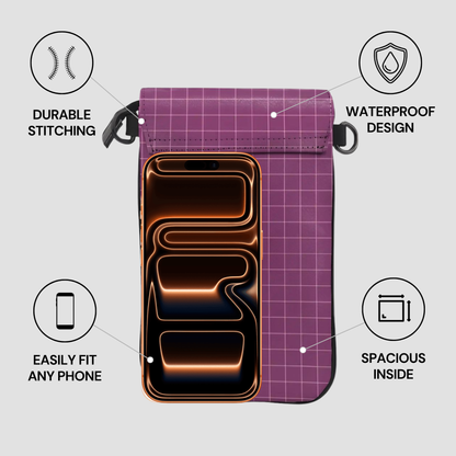 Purple phone case with features highlighted on a light gray background