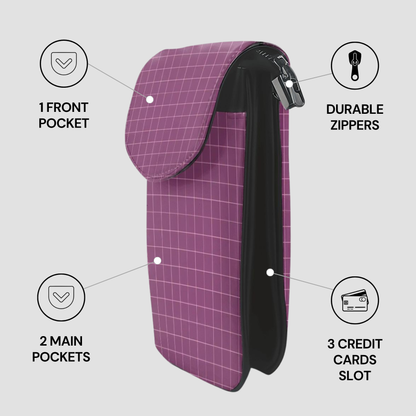 Purple grid-patterned pouch with features highlighted on a light gray background