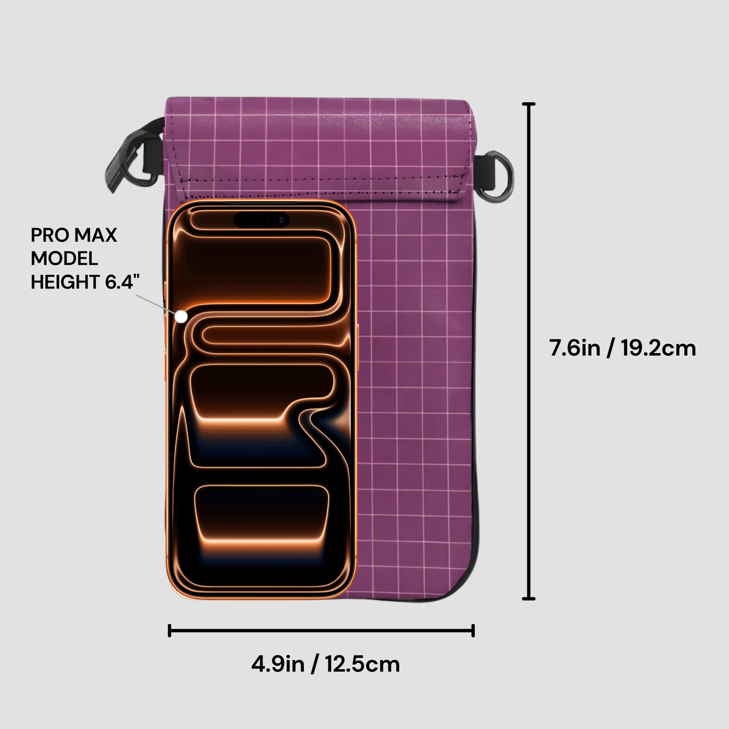 Purple phone case with measurements on a gray background