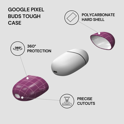 Google Pixel Buds Tough Case with features highlighted on a white background