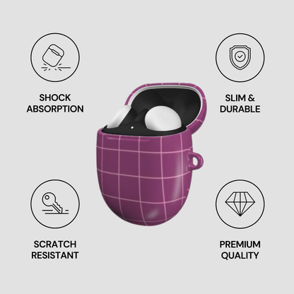 Purple grid-patterned case with a white product inside, featuring icons and text on a light gray background.
