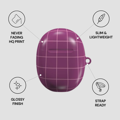 Purple grid-patterned product with features listed on a light gray background