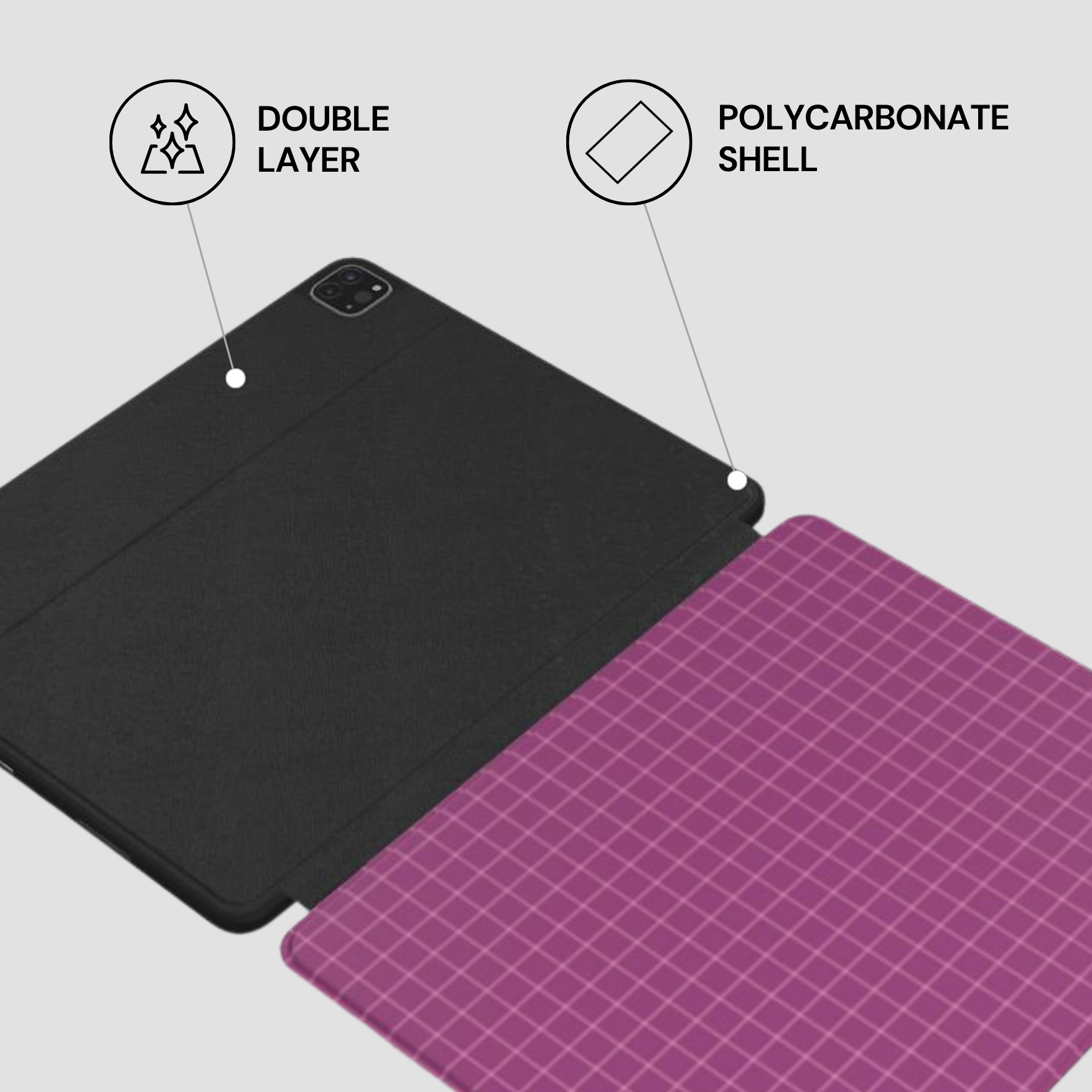 Black and purple tablet cases with text labels on a gray background