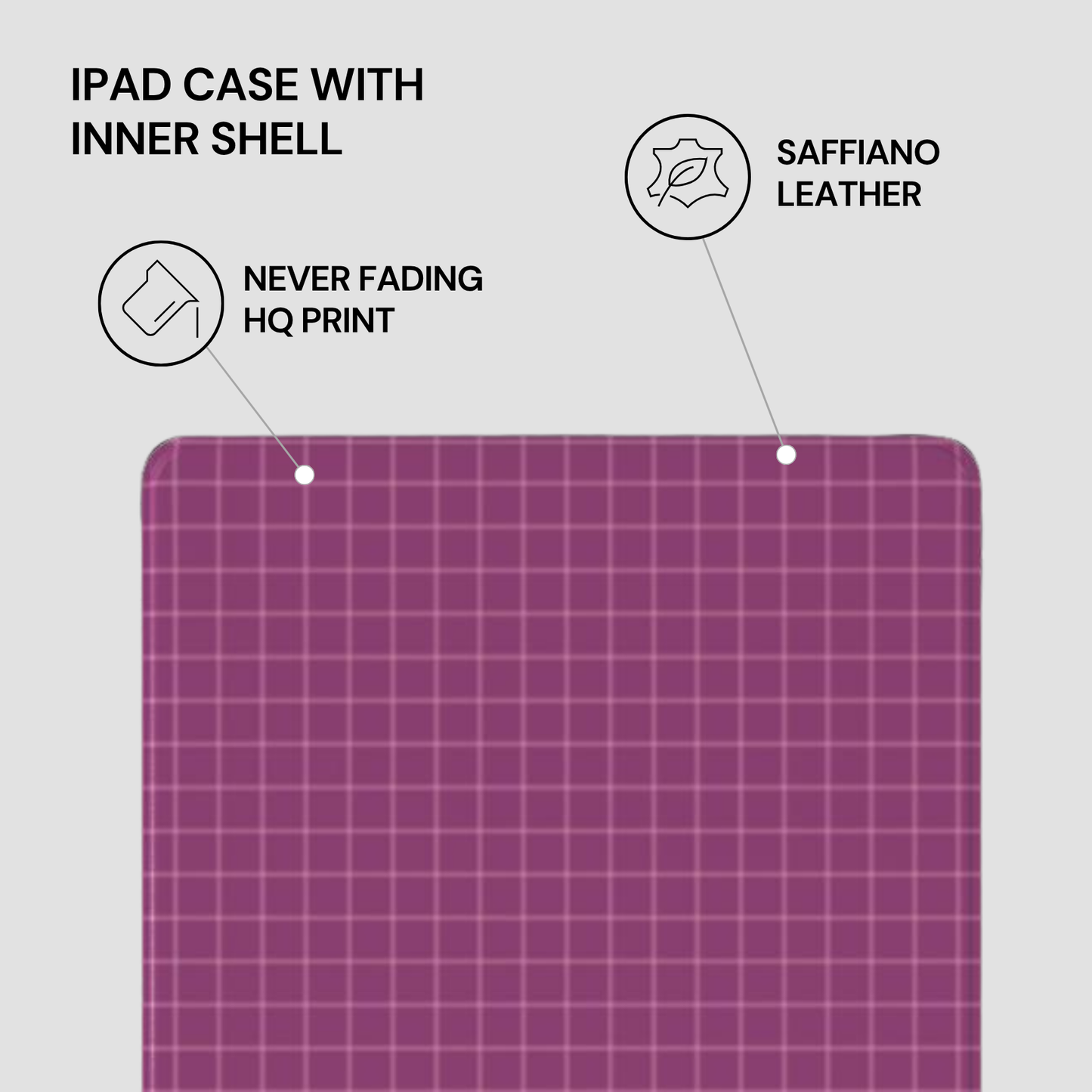 Purple grid-patterned iPad case with saffiano leather inner shell on a light gray background