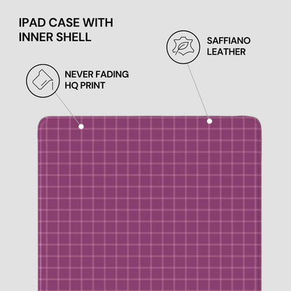 Purple grid-patterned iPad case with saffiano leather inner shell on a light gray background
