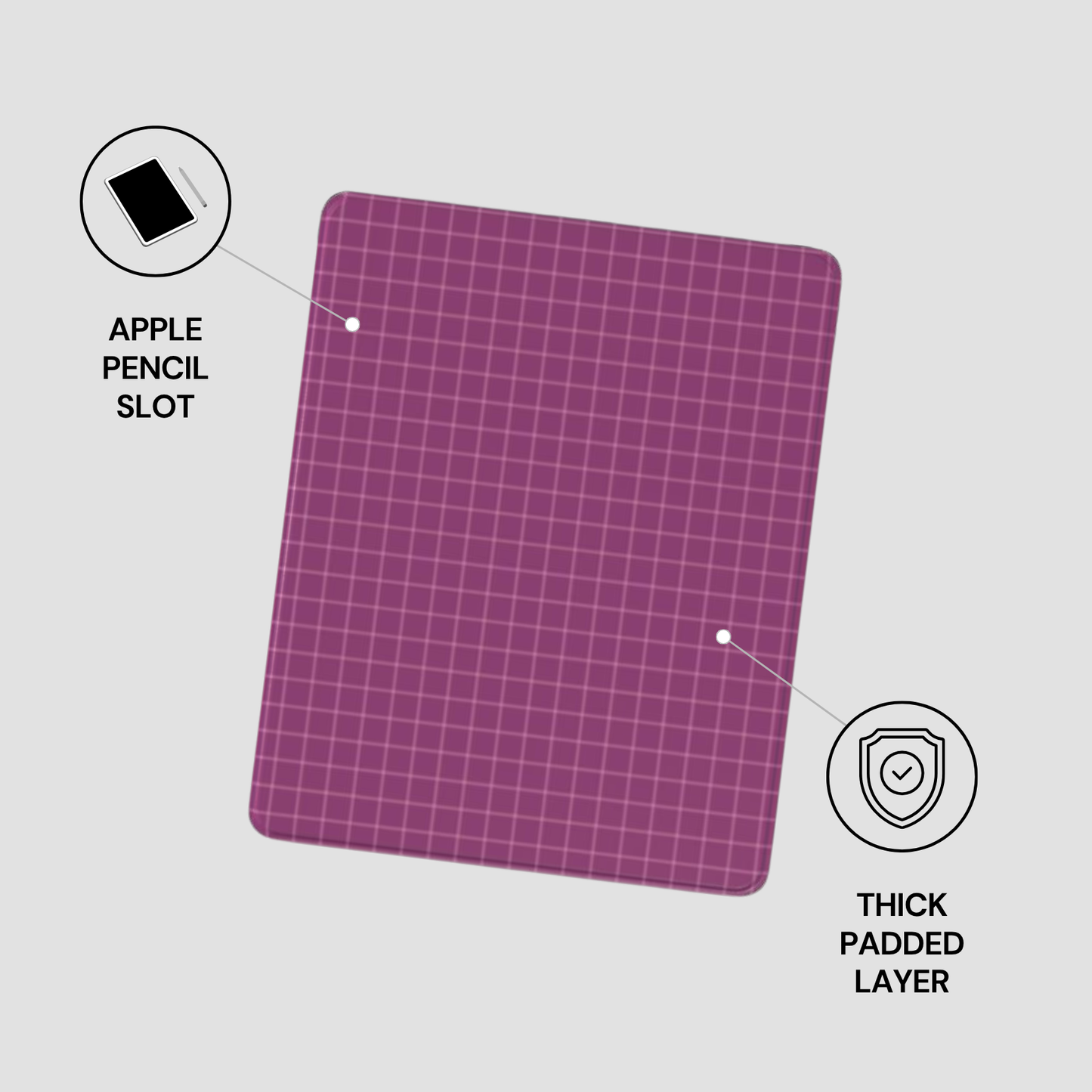 Purple grid-patterned mat with Apple Pencil slot and thick padded layer on a gray background