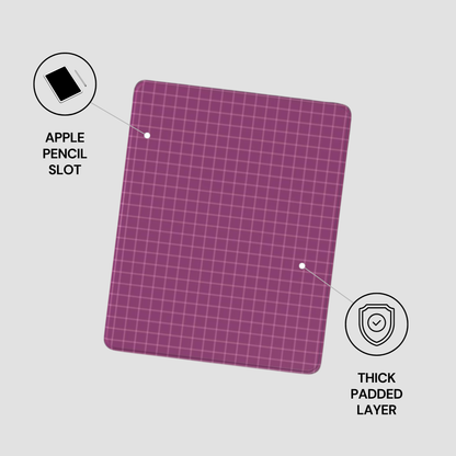 Purple grid-patterned mat with Apple Pencil slot and thick padded layer on a gray background