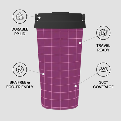 Purple travel mug with grid pattern and features listed on a gray background