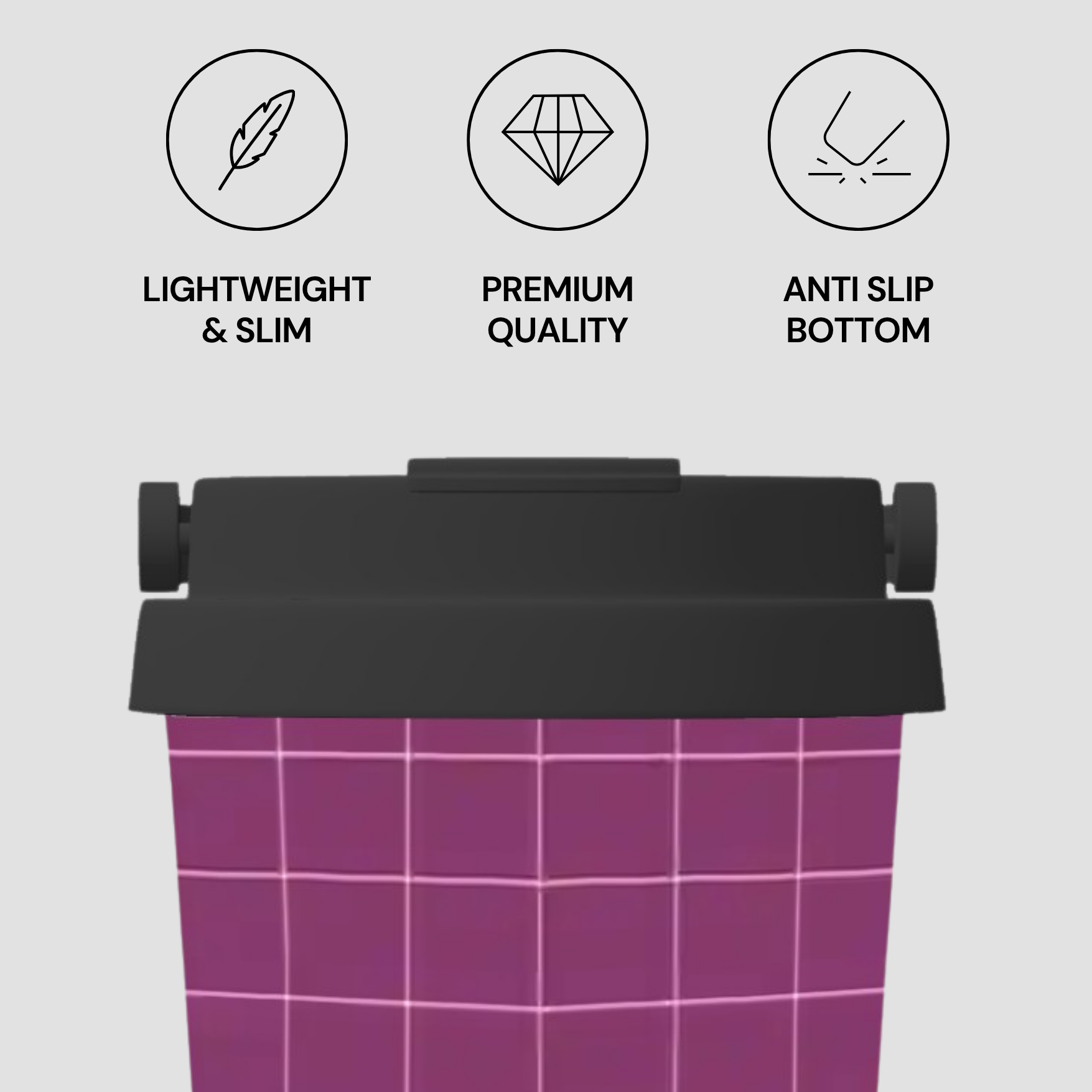 Purple storage bin with black lid on a light gray background, featuring icons and text about product features.