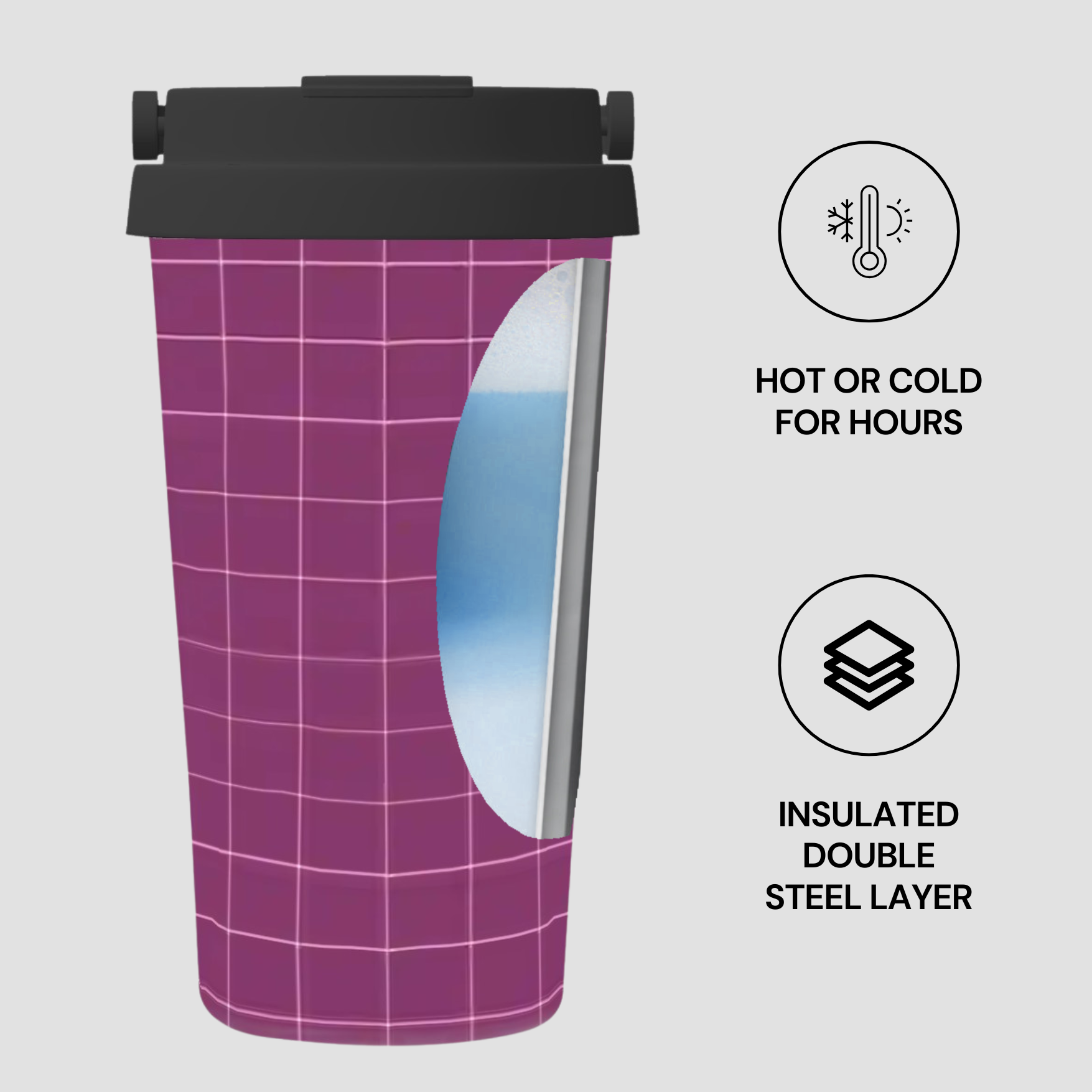 Purple insulated tumbler with black lid on a light gray background