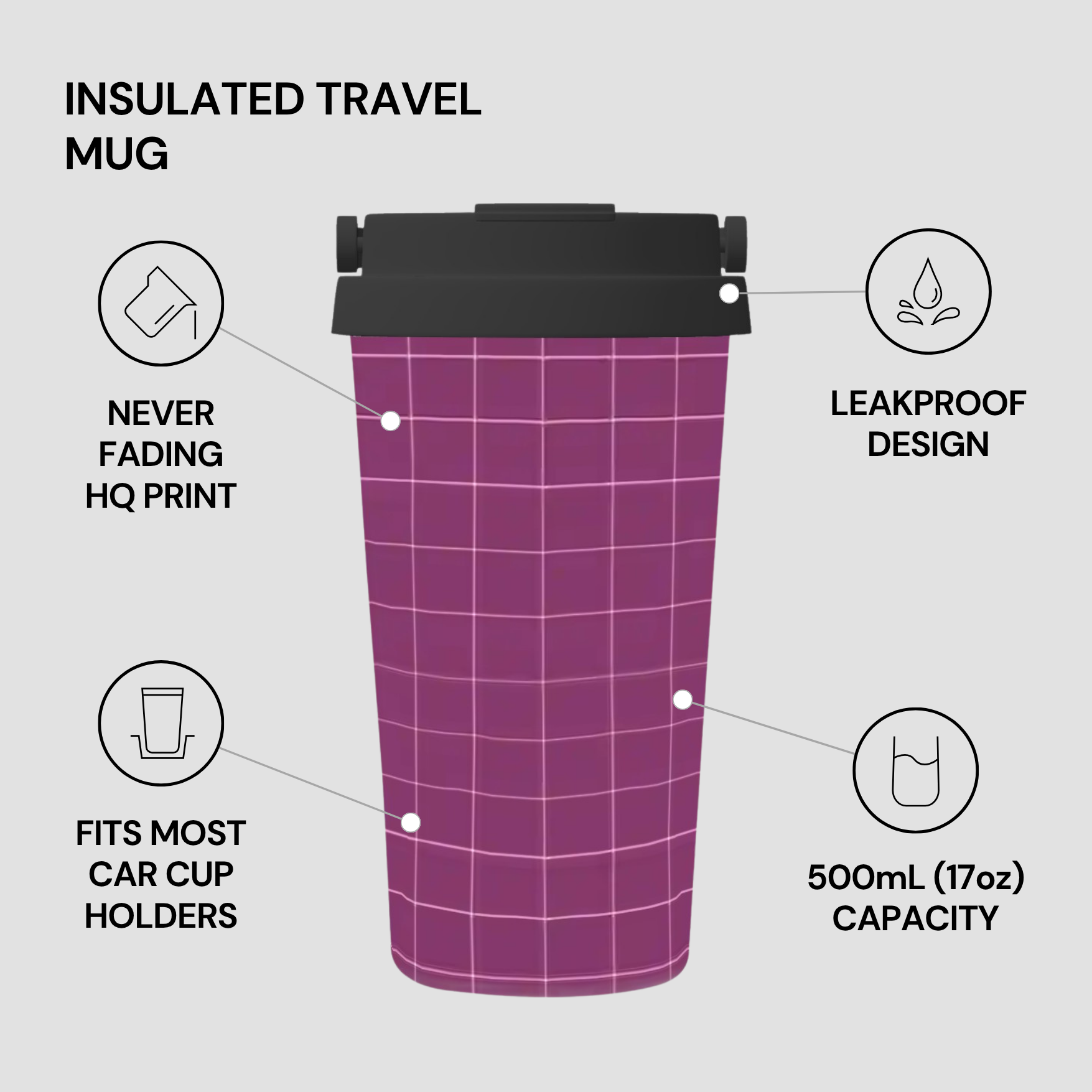 Purple insulated travel mug with features listed on a gray background