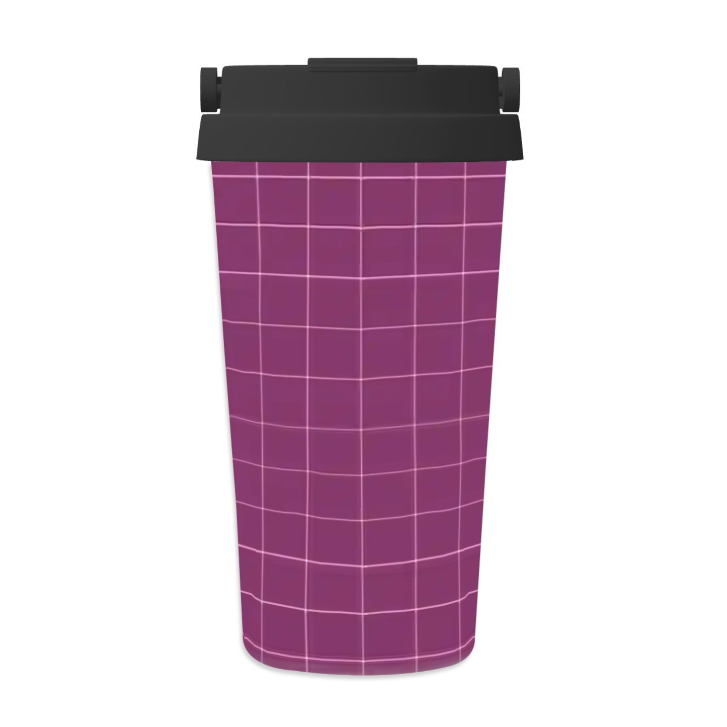 Purple grid-patterned trash can with a black lid on a white background