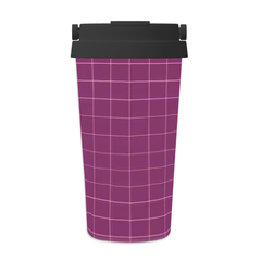 Purple grid-patterned trash can with a black lid on a white background