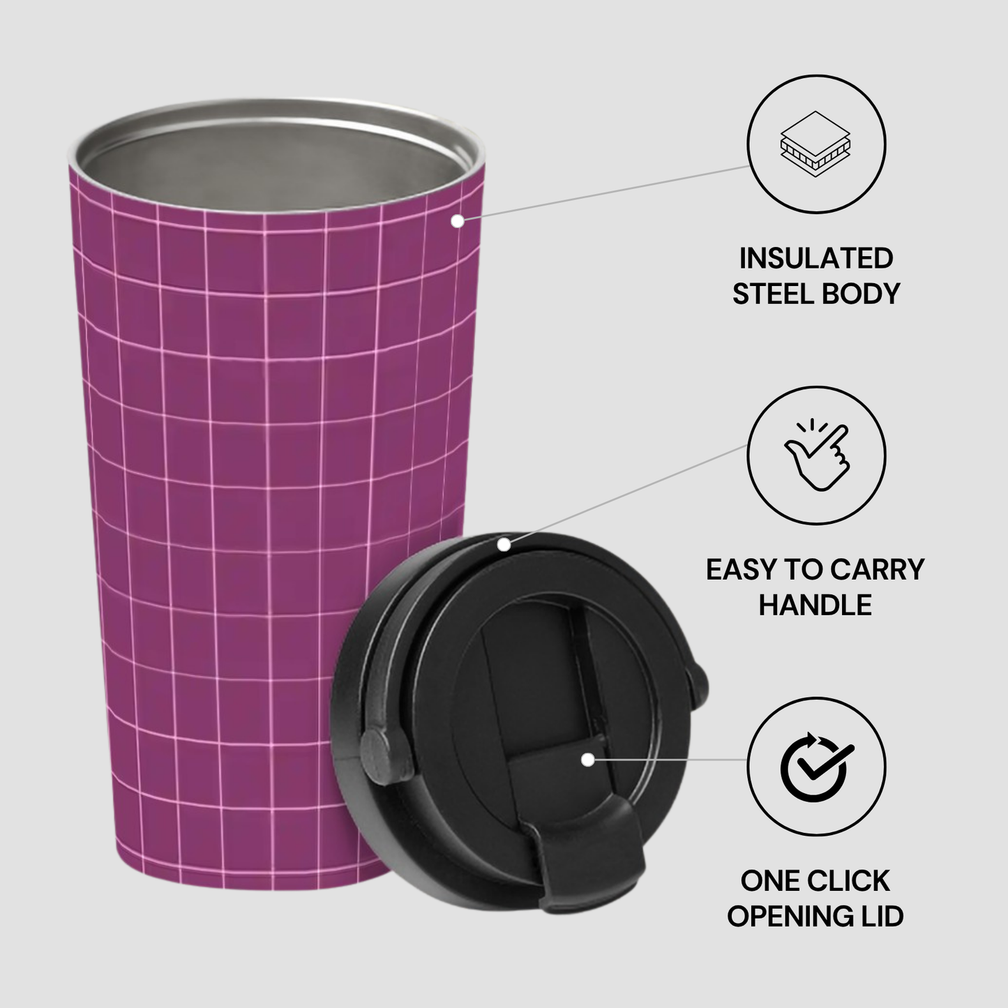 Purple insulated steel travel mug with black lid on a light gray background