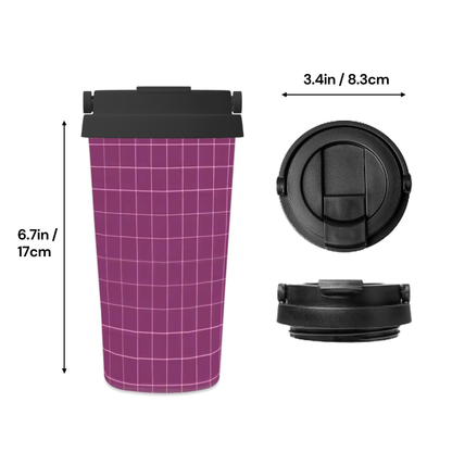 Purple grid-patterned travel mug with black lid, showing dimensions on a white background