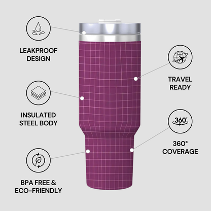 Plaid-patterned tumbler with features highlighted on a gray background