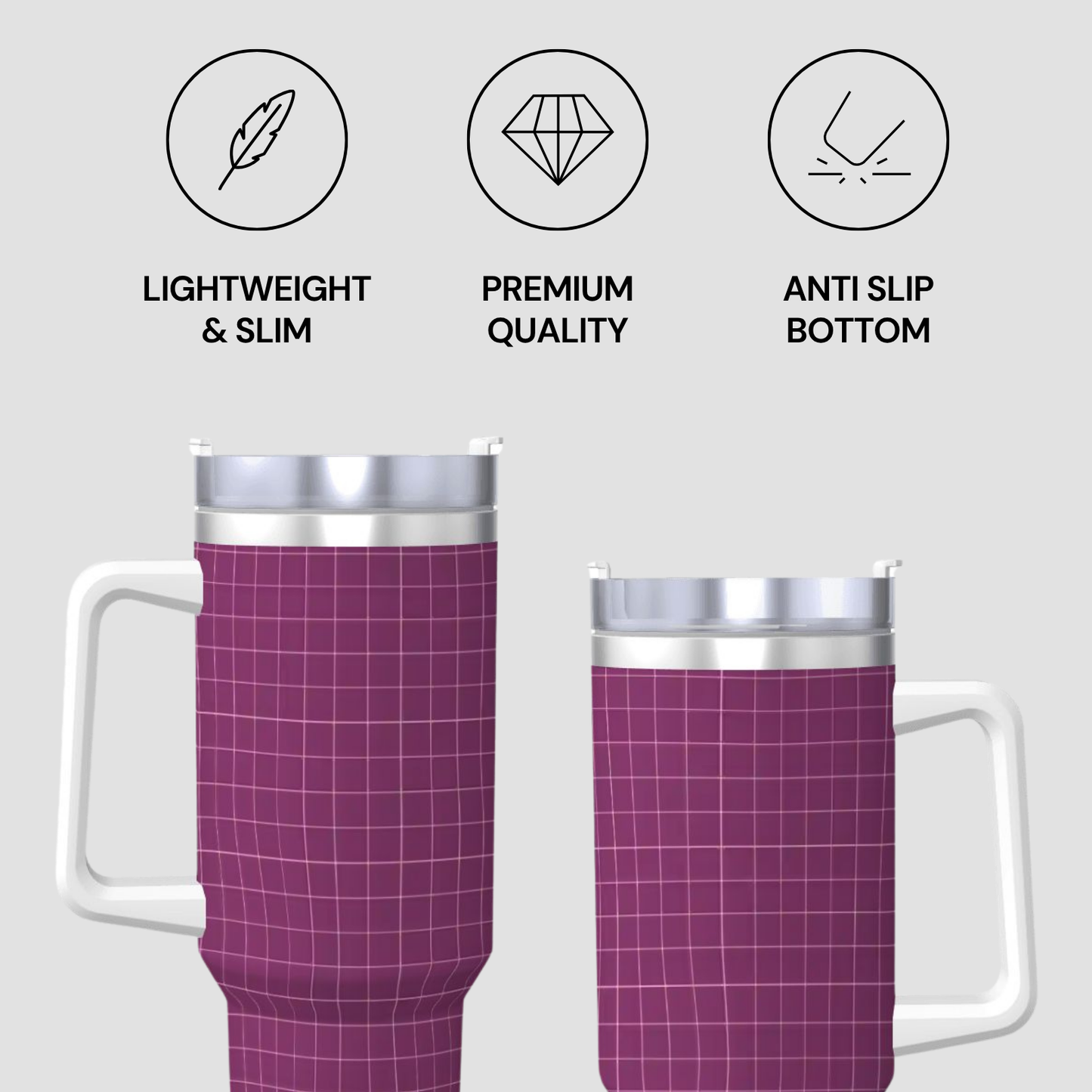 Purple travel mug with silver lid and handles, featuring 'Lightweight & Slim', 'Premium Quality', and 'Anti Slip Bottom' text and icons on a light gray background.