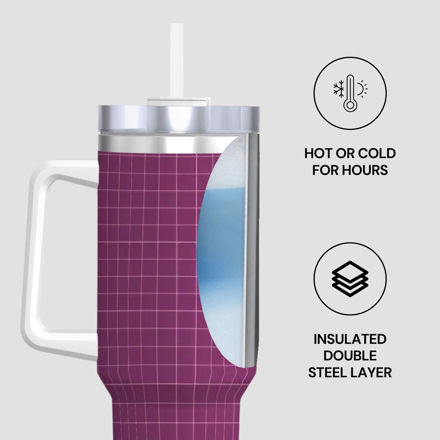 Purple insulated tumbler with a white handle on a light gray background