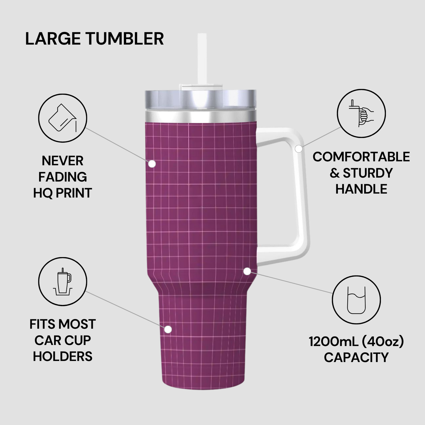 Purple tumbler with grid pattern and handle, featuring text on its features.