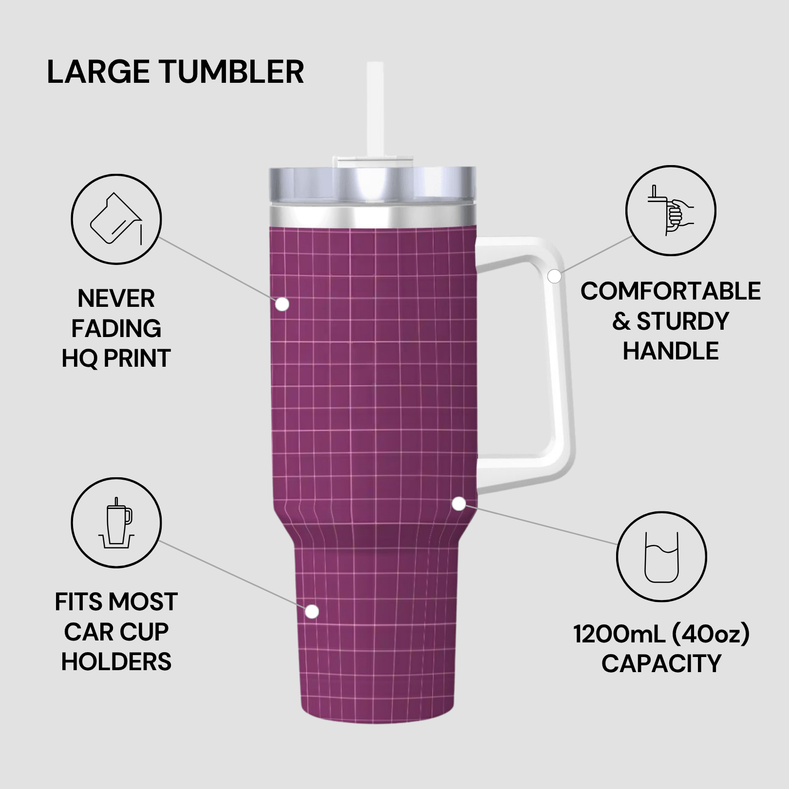 Purple tumbler with grid pattern and handle, featuring text on its features.