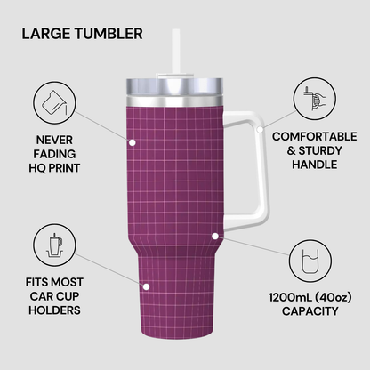 Purple tumbler with grid pattern and handle, featuring text on its features.