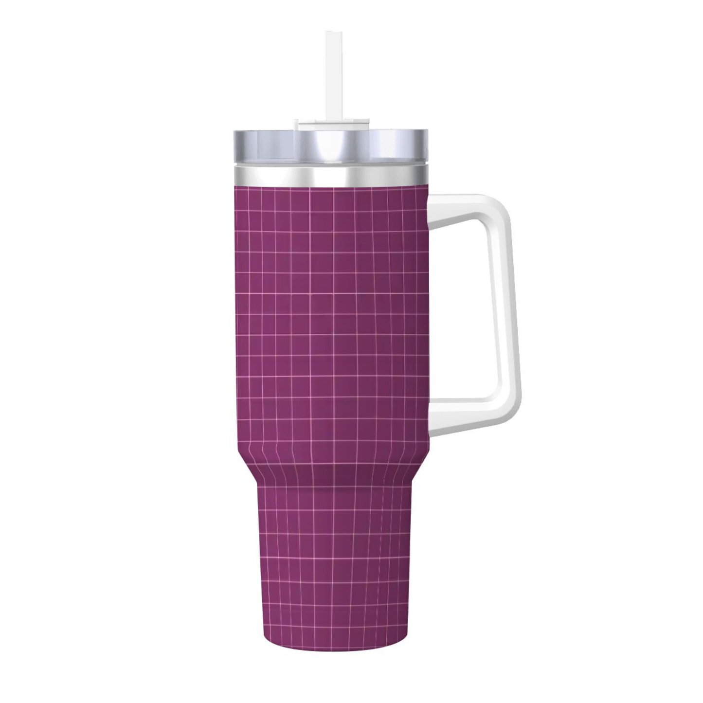 Purple insulated tumbler with grid pattern and white handle on a white background