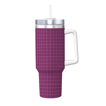 Purple insulated tumbler with grid pattern and white handle on a white background
