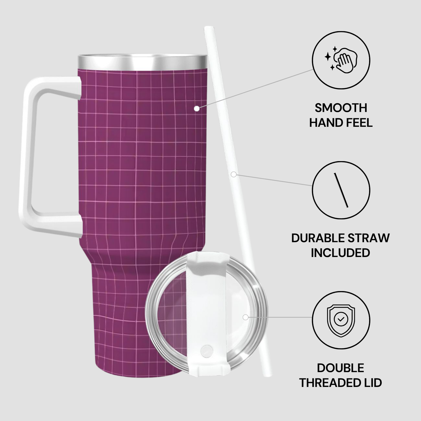 Purple insulated mug with white handle and lid on a gray background, featuring text about features.