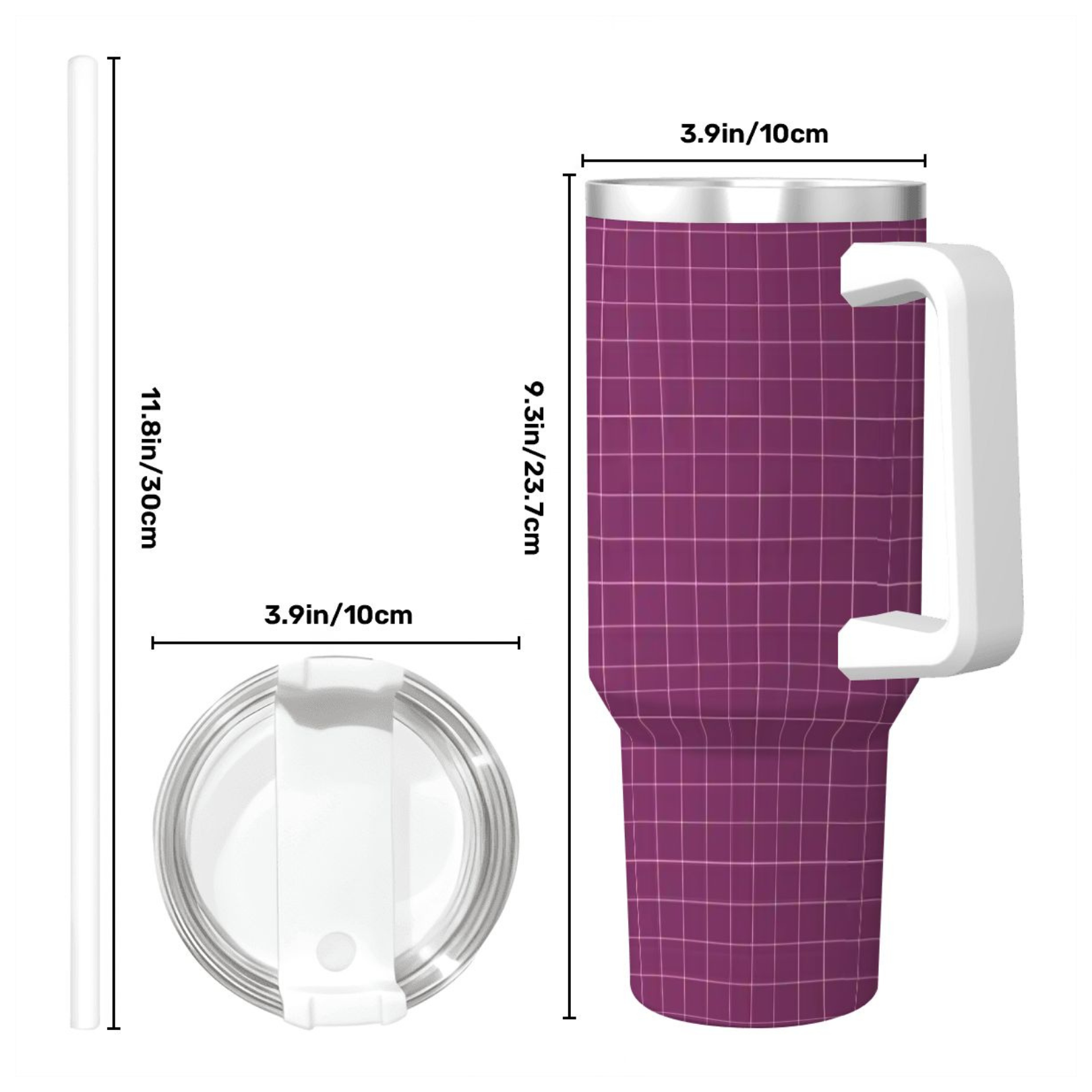 Purple tumbler with grid pattern and handle, showing measurements on a white background
