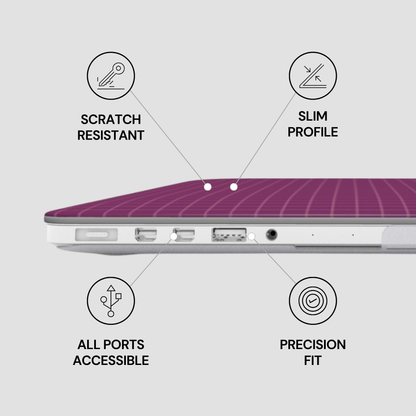 Laptop with features labeled as scratch resistant, slim profile, all ports accessible, and precision fit on a gray background.