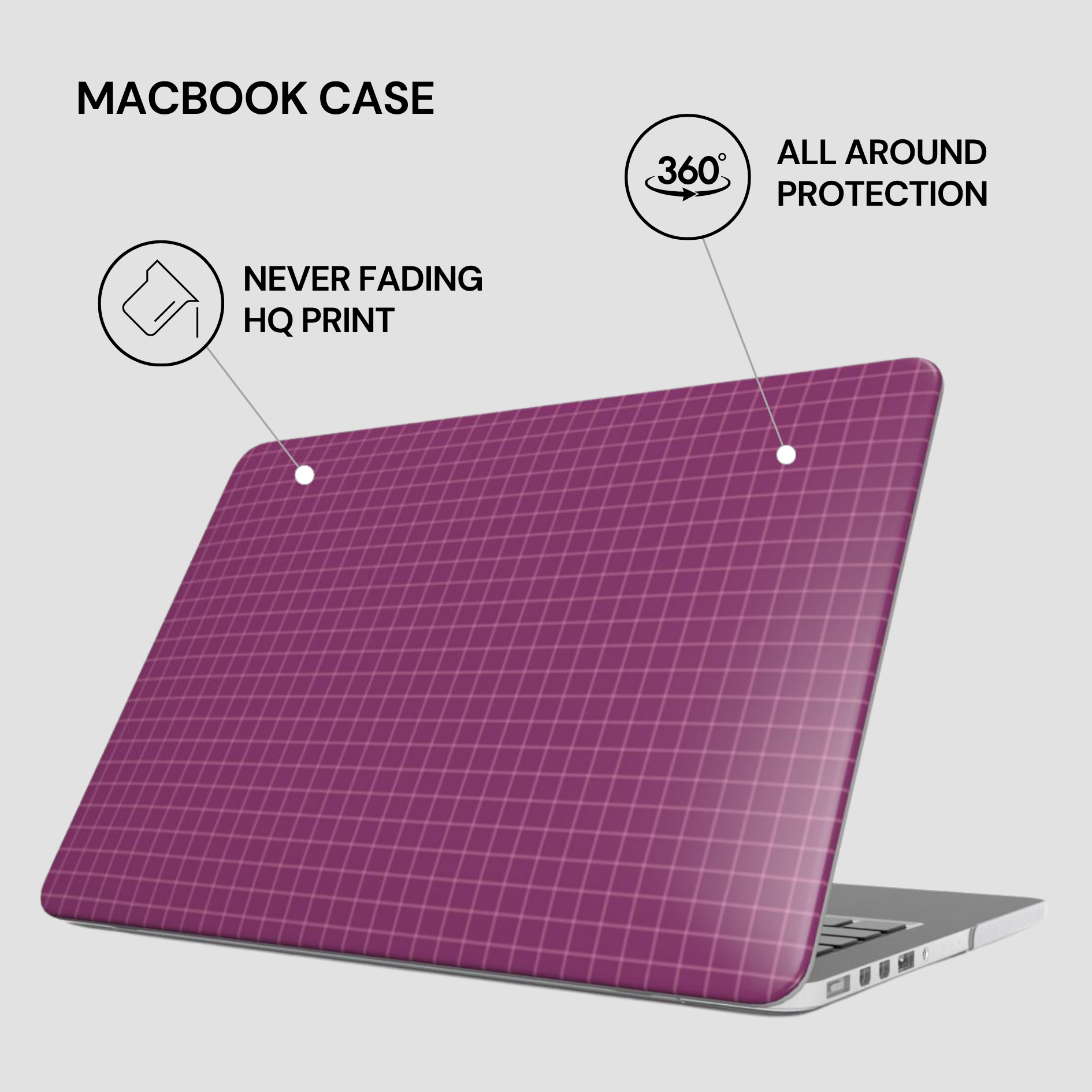 Purple grid-patterned MacBook case with features highlighted on a white background