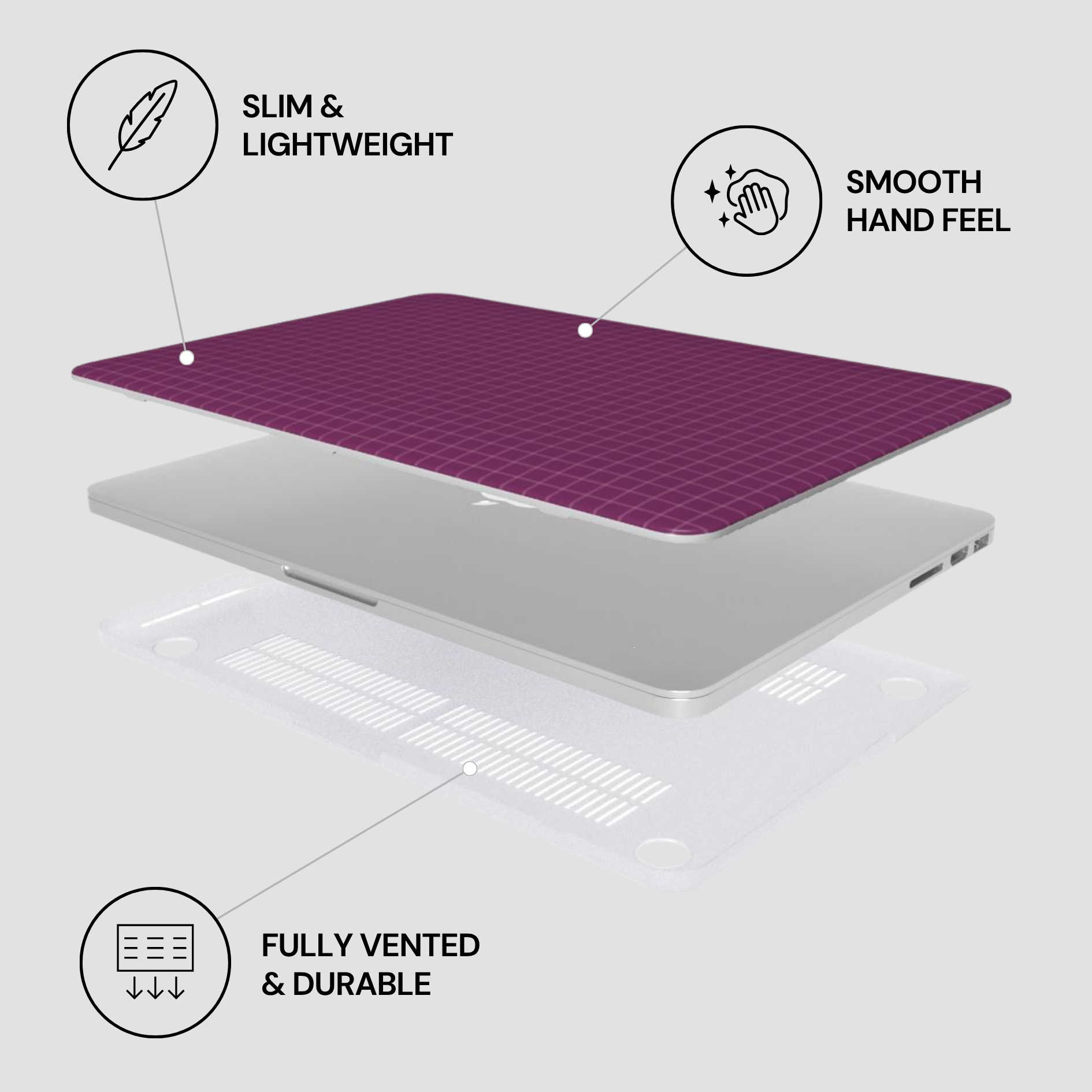 Laptop with purple cooling pad on a white background, featuring text labels about product features.