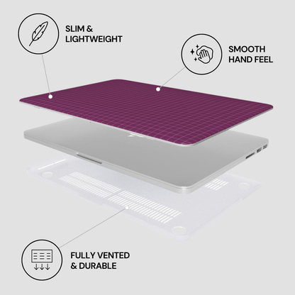 Laptop with purple cooling pad on a white background, featuring text labels about product features.
