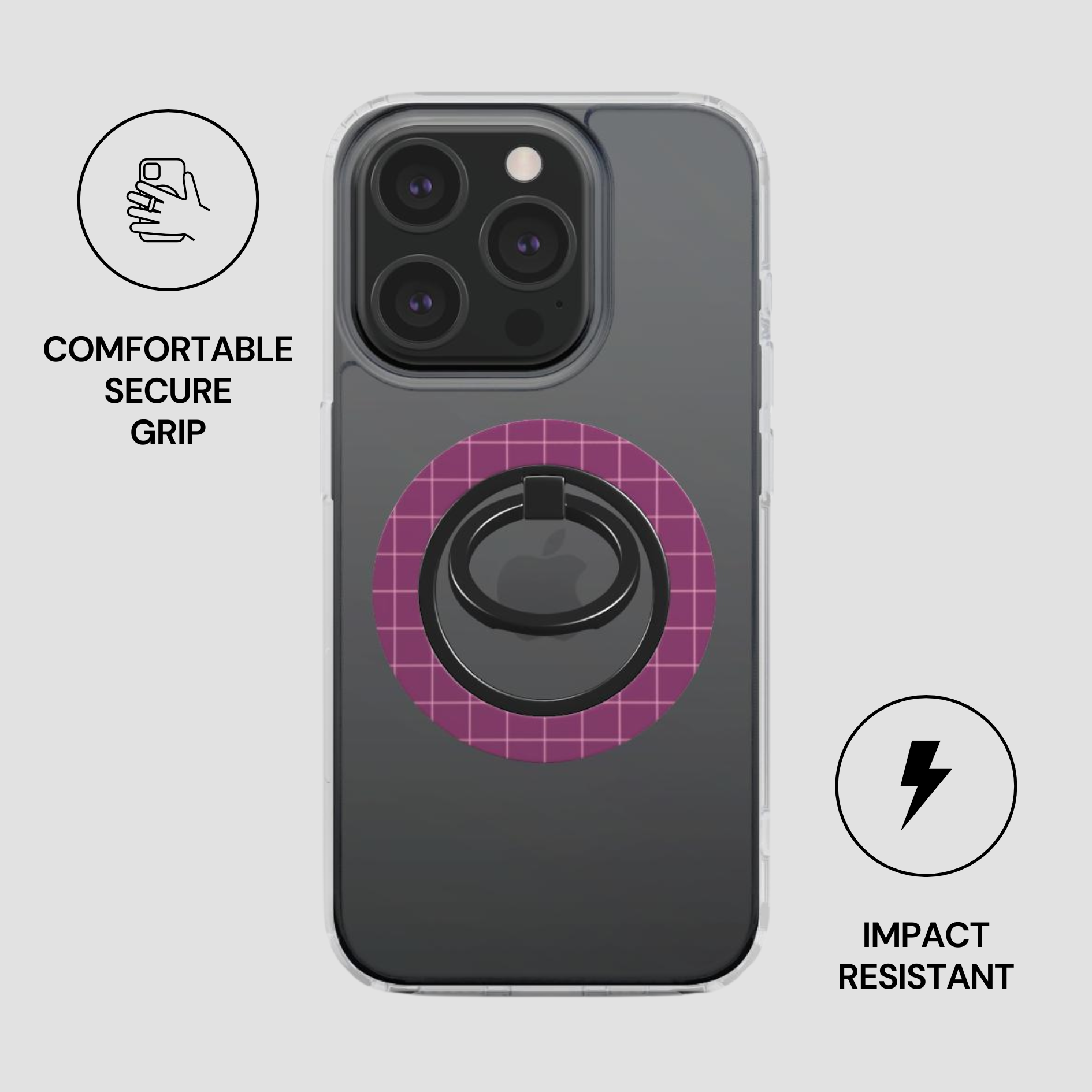 Phone case with ring holder and text about comfort, security, and impact resistance on a light gray background