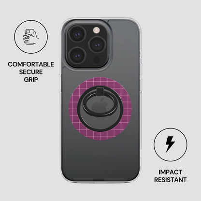 Phone case with ring holder and text about comfort, security, and impact resistance on a light gray background