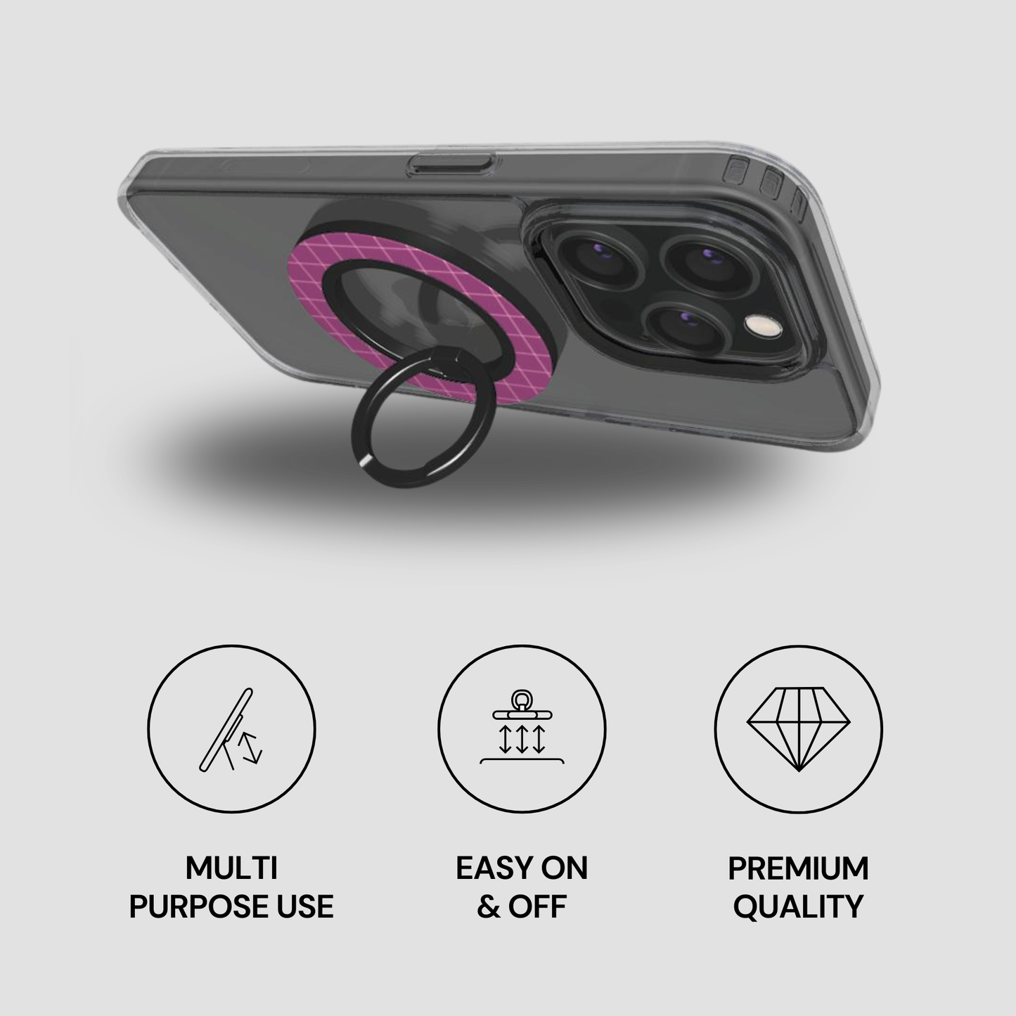Phone case with ring holder on a gray background
