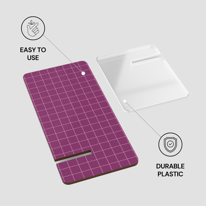Plaid-patterned phone case with text 'Easy to Use' and 'Durable Plastic' on a gray background
