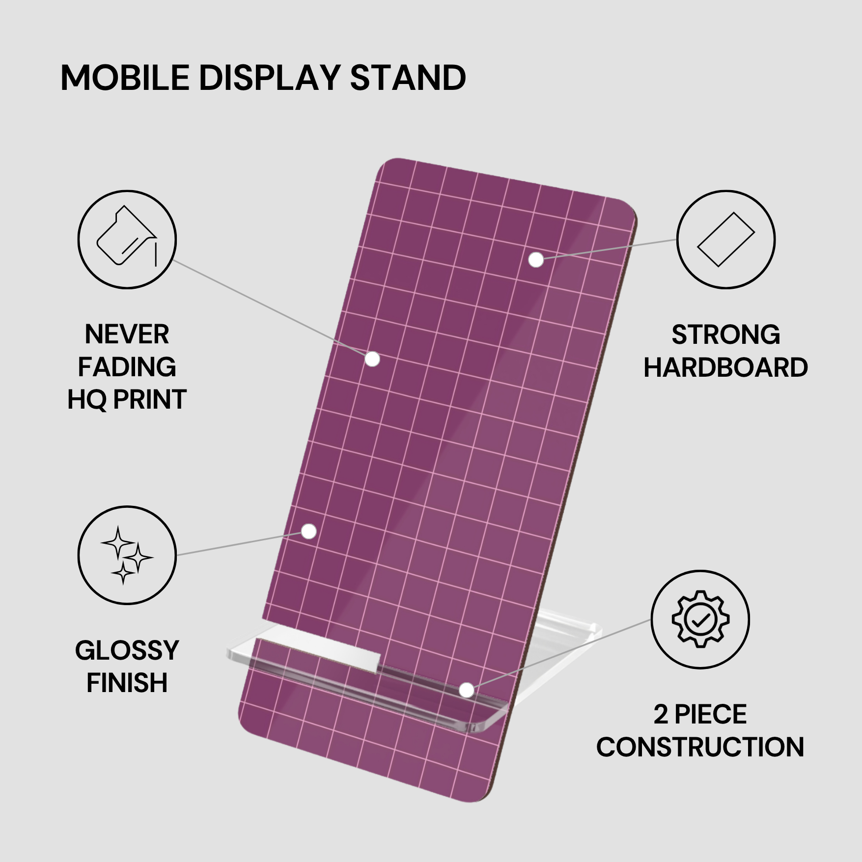 Purple grid-patterned mobile display stand with features listed on a gray background